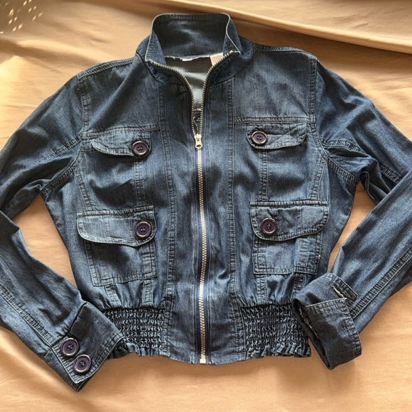 Voice NYC Chambray Denim Zip Jacket Multi Pockets Smocked Fit Waist Button Cuffs - Picture 14 of 16